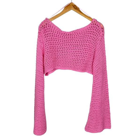 Pretty Damage Pink Crochet Bell Long Sleeve Crop Knit Boho Top Sz Small NWT - Picture 3 of 7